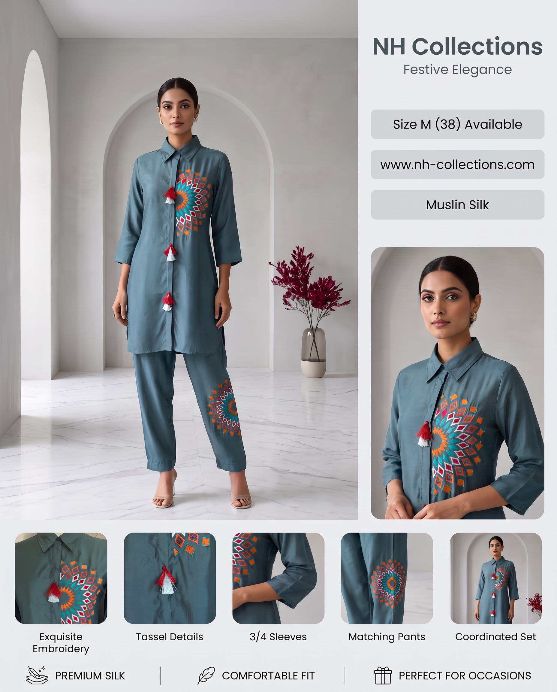 Women's cadet blue color muslin silk co-ord set in M - close-up product detail