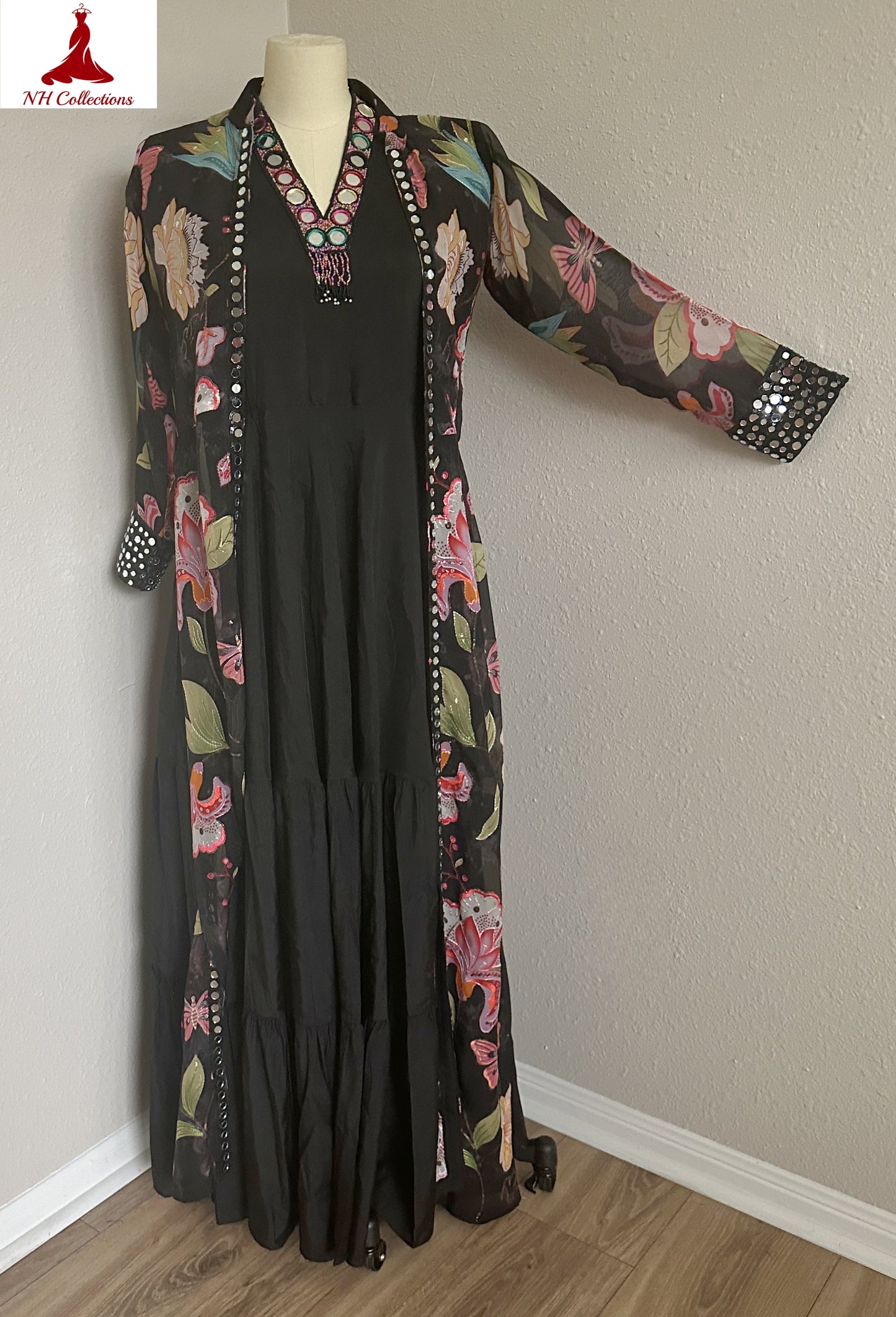 Women's Black dress with mirror work georgette jacket in M