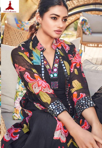 Women's Black dress with mirror work georgette jacket in M