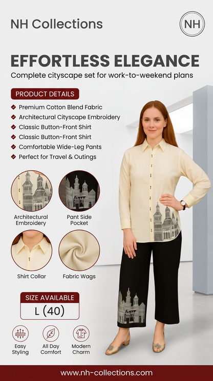 Women's cream & black cityscape embroidered co-ord set in L
