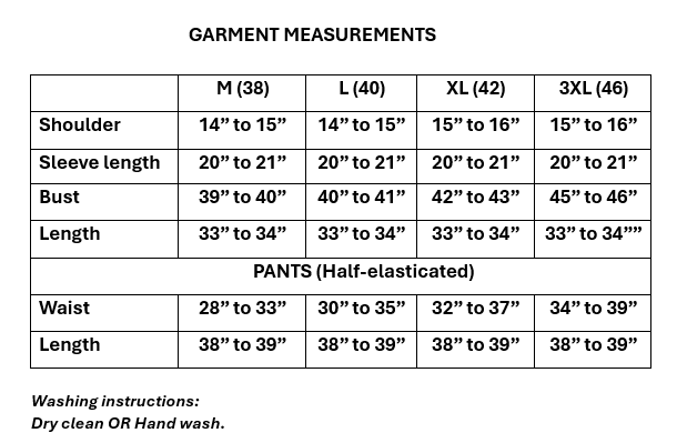 Size guide for Women's Muslin Silk  coord Set with Hakoba pants (M, L, XL & 3XL)
