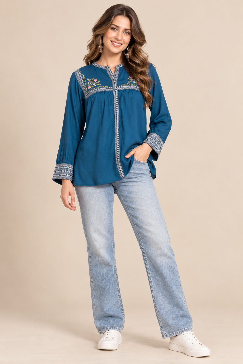 Women's Rayon Embroidered Long Sleeve Top (L &  XL)