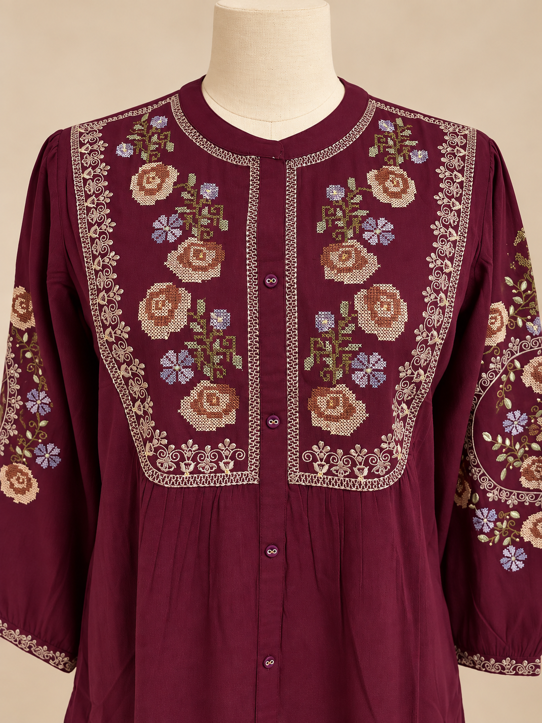 Women’s Soft Rayon Embroidered Pleated Top with Puffed Bell Sleeves (S to XL)