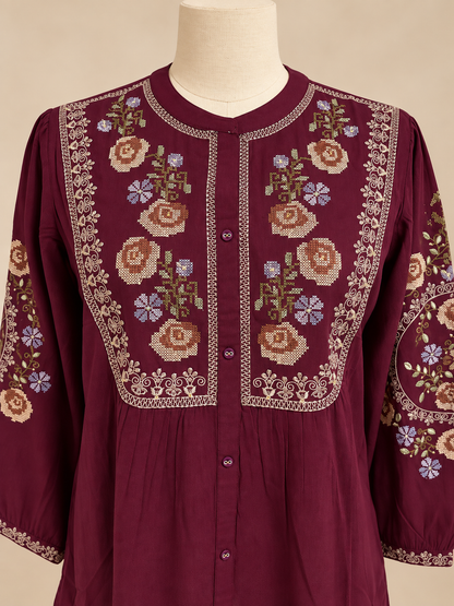 Women’s Soft Rayon Embroidered Pleated Top with Puffed Bell Sleeves (S to XL)