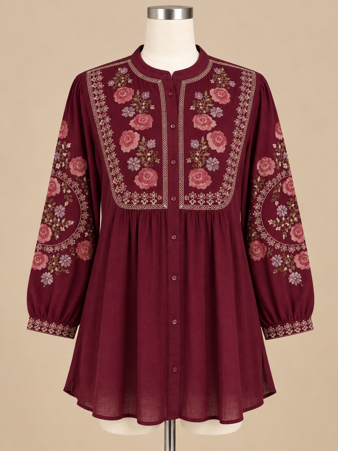 Women’s Soft Rayon Embroidered Pleated Top with Puffed Bell Sleeves (S to XL)