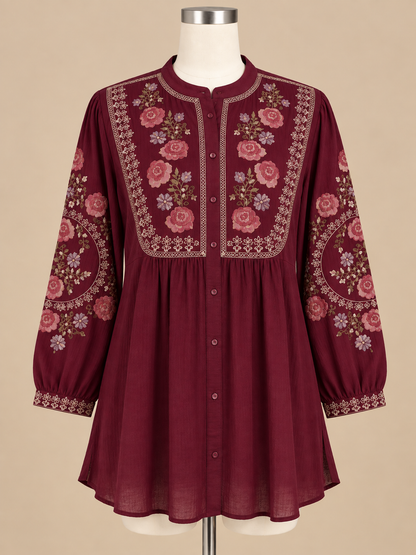 Women’s Soft Rayon Embroidered Pleated Top with Puffed Bell Sleeves (S to XL)
