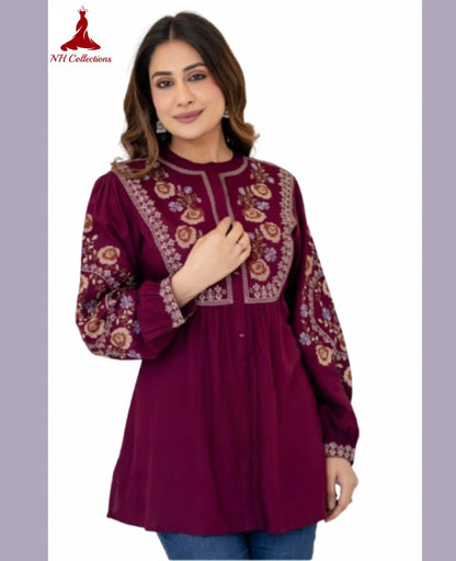 Women’s Soft Rayon Embroidered Pleated Top with Puffed Bell Sleeves (S to XL)