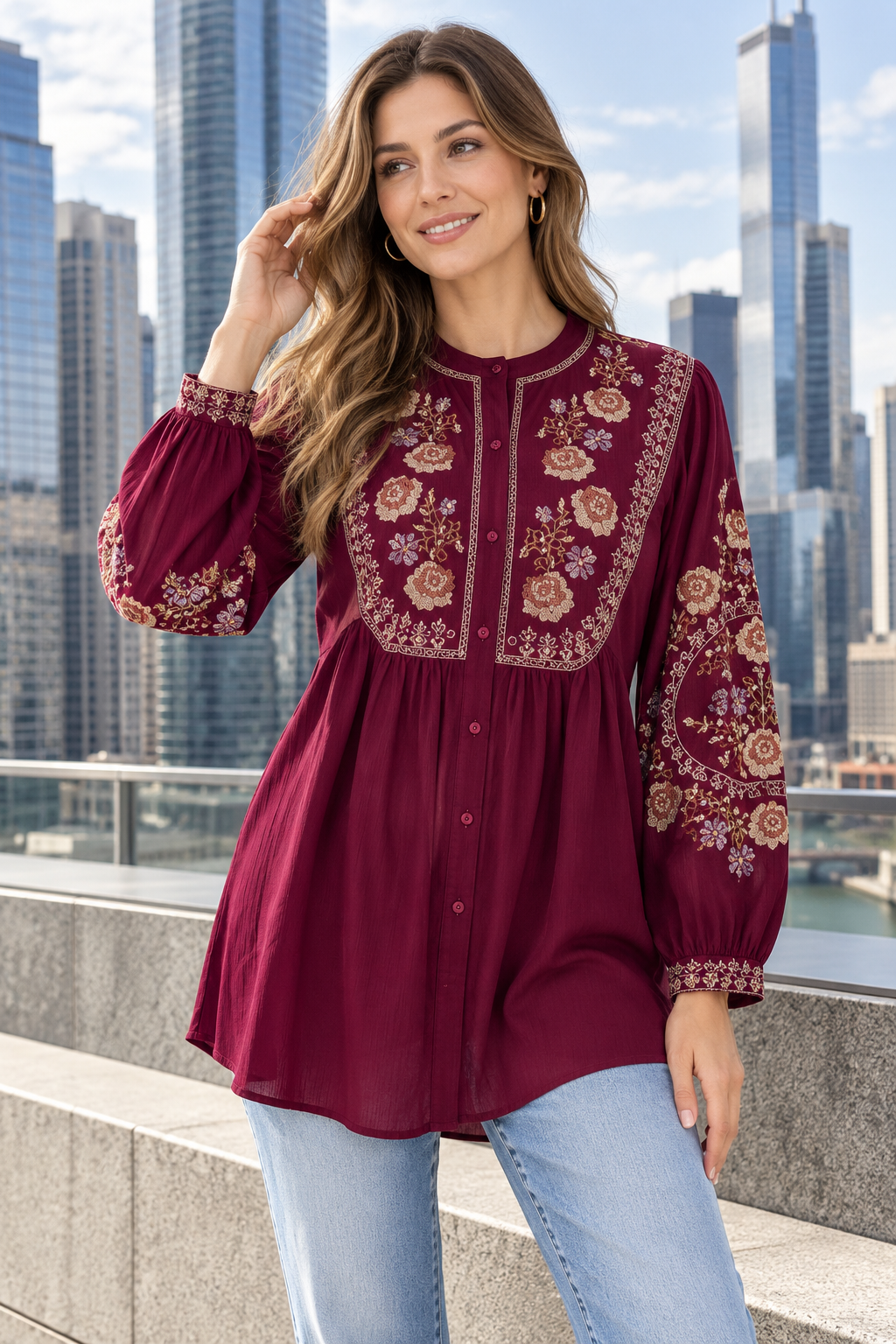 Women’s Soft Rayon Embroidered Pleated Top with Puffed Bell Sleeves (S to XL)