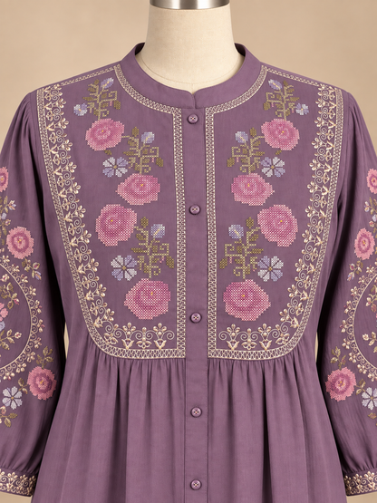 Women’s Soft Rayon Embroidered Pleated Top with Puffed Bell Sleeves (S to XL)
