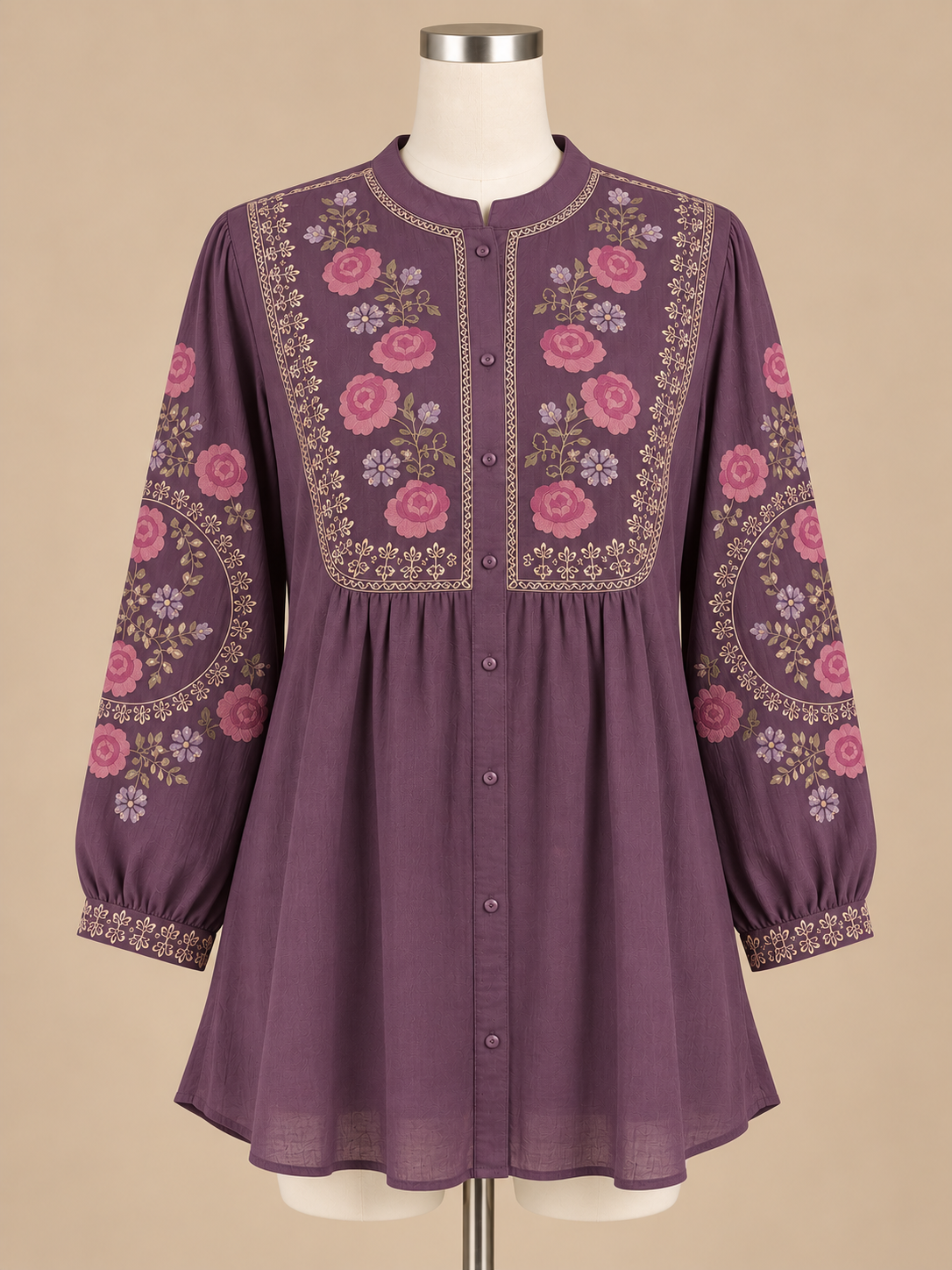 Women’s Soft Rayon Embroidered Pleated Top with Puffed Bell Sleeves (S to XL)