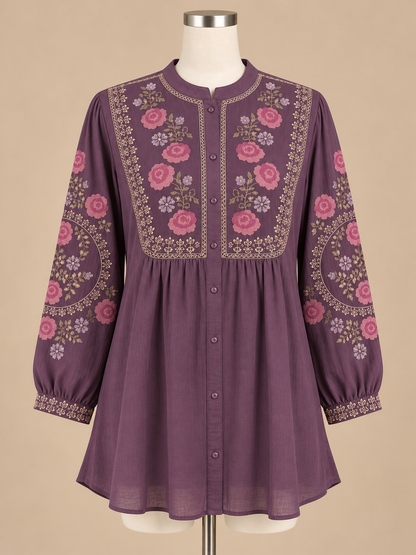Women’s Soft Rayon Embroidered Pleated Top with Puffed Bell Sleeves (S to XL)