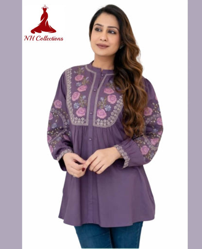 Women’s Soft Rayon Embroidered Pleated Top with Puffed Bell Sleeves (S to XL)