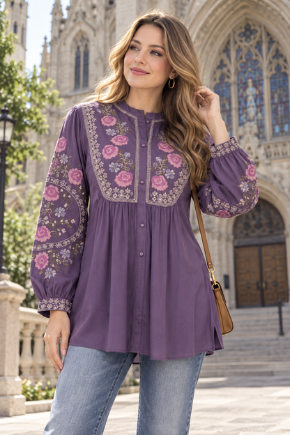 Women’s Soft Rayon Embroidered Pleated Top with Puffed Bell Sleeves (S to XL)