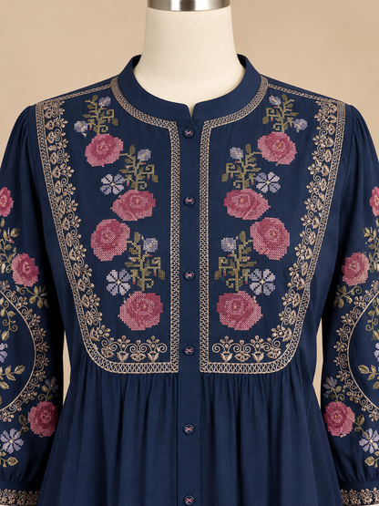 Women’s Soft Rayon Embroidered Pleated Top with Puffed Bell Sleeves (S to XL)