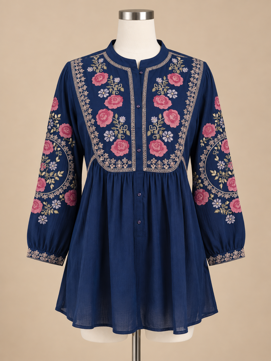 Women’s Soft Rayon Embroidered Pleated Top with Puffed Bell Sleeves (S to XL)