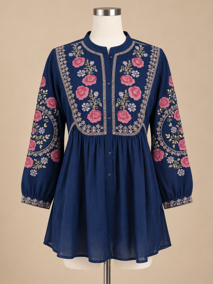 Women’s Soft Rayon Embroidered Pleated Top with Puffed Bell Sleeves (S to XL)