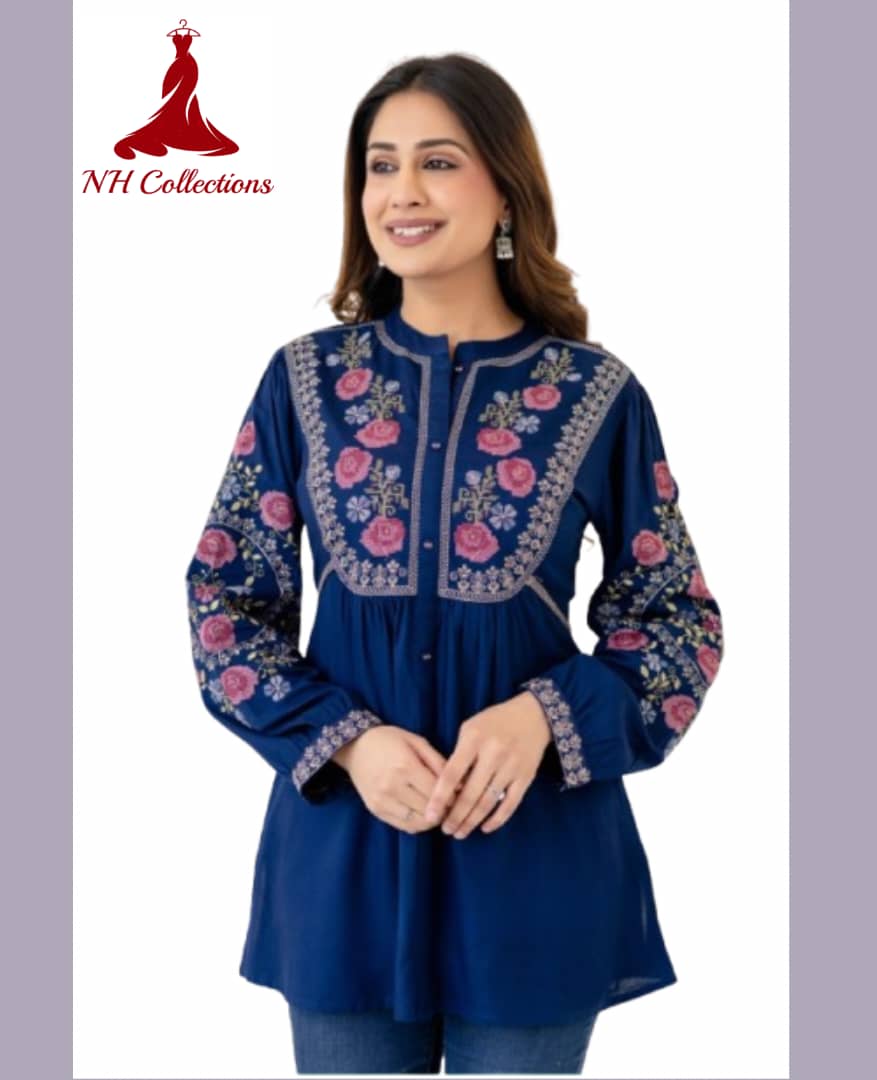 Women’s Soft Rayon Embroidered Pleated Top with Puffed Bell Sleeves (S to XL)