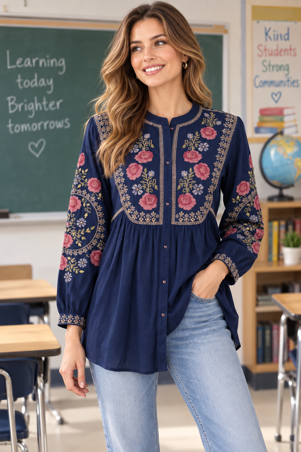 Women’s Soft Rayon Embroidered Pleated Top with Puffed Bell Sleeves (S to XL)