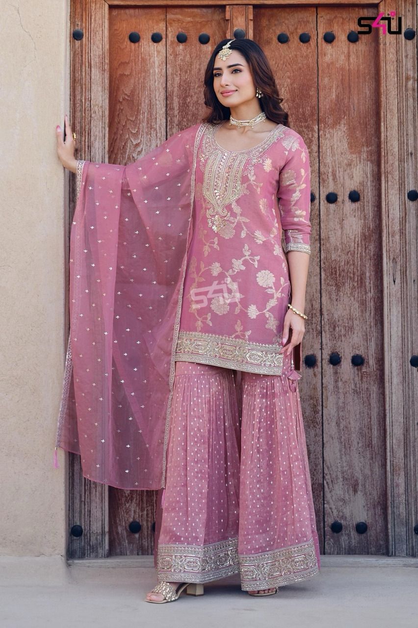 Women's rose pink embroidered kurta sharara set with organza dupatta in M