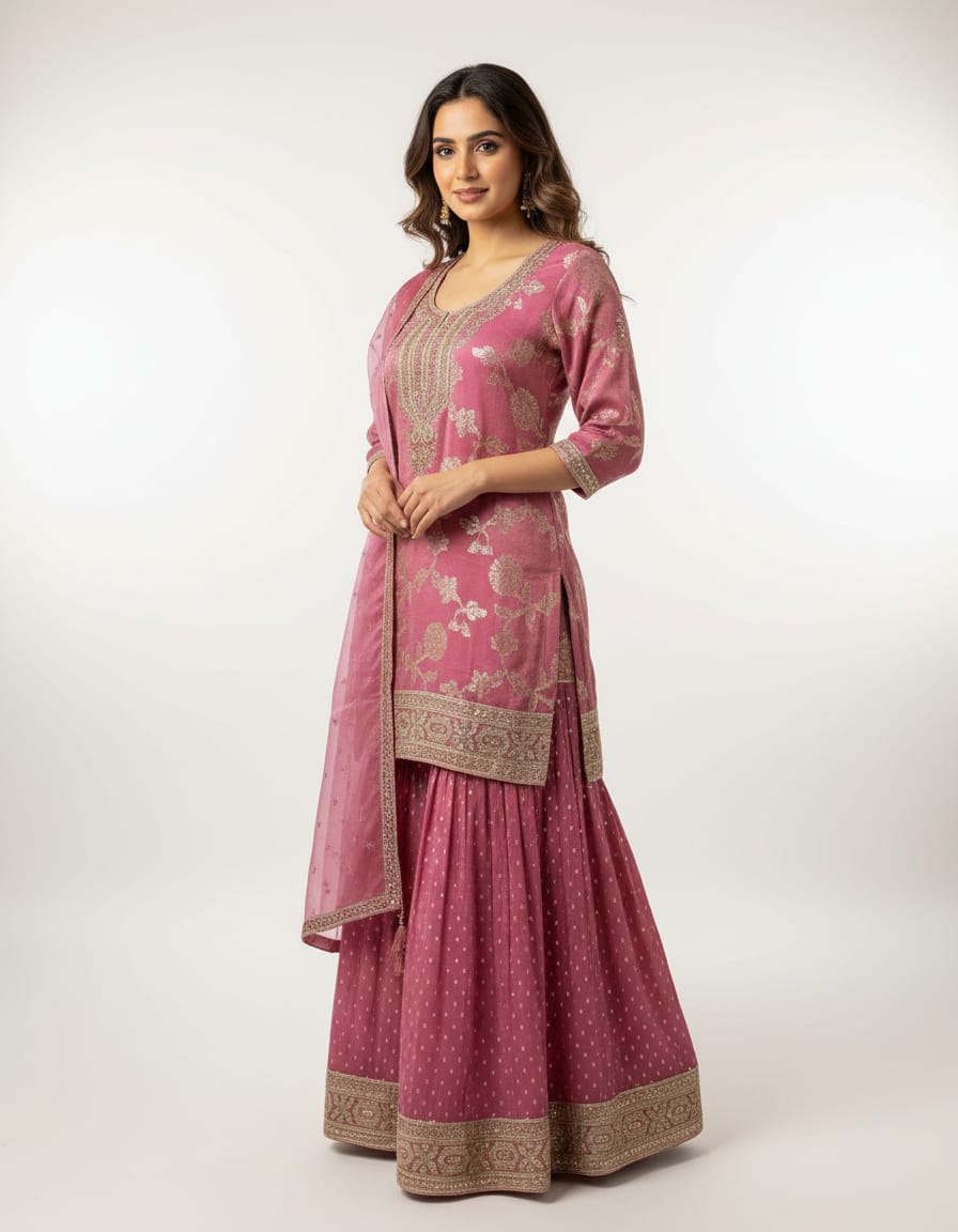 Women's rose pink embroidered kurta sharara set with organza dupatta in M