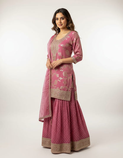 Women's rose pink embroidered kurta sharara set with organza dupatta in M