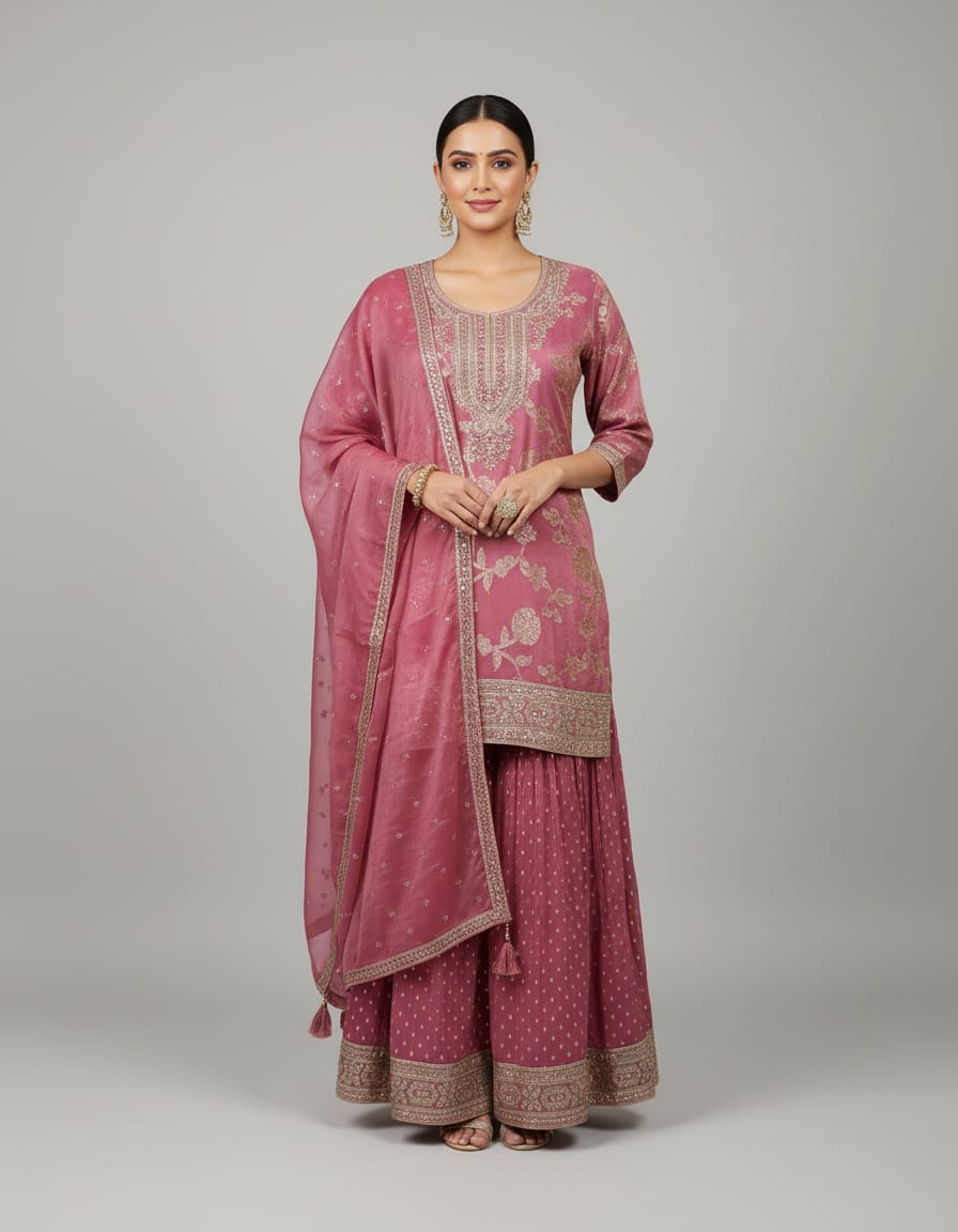 Women's rose pink embroidered kurta sharara set with organza dupatta in M