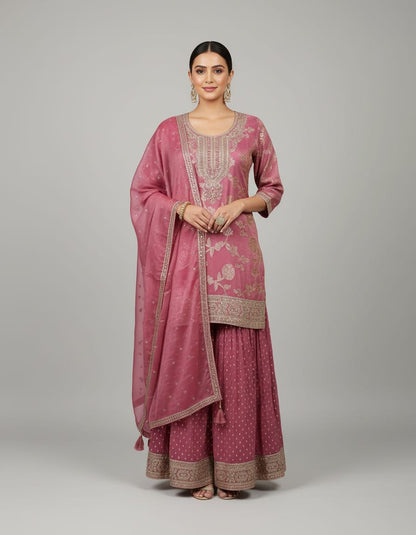 Women's rose pink embroidered kurta sharara set with organza dupatta in M