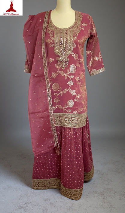 Women's rose pink embroidered kurta sharara set with organza dupatta in M
