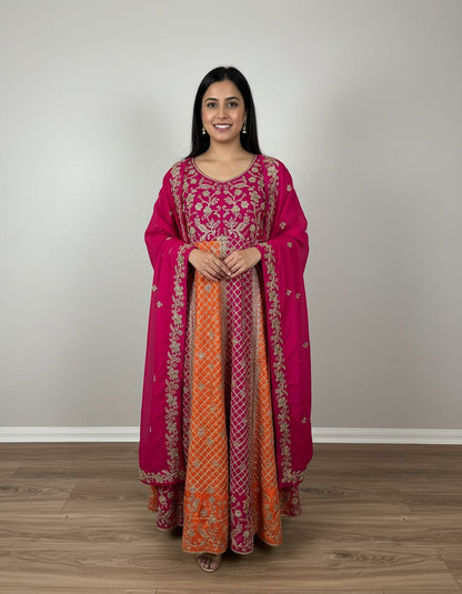 Women’s magenta & orange chinon anarkali suit in M
