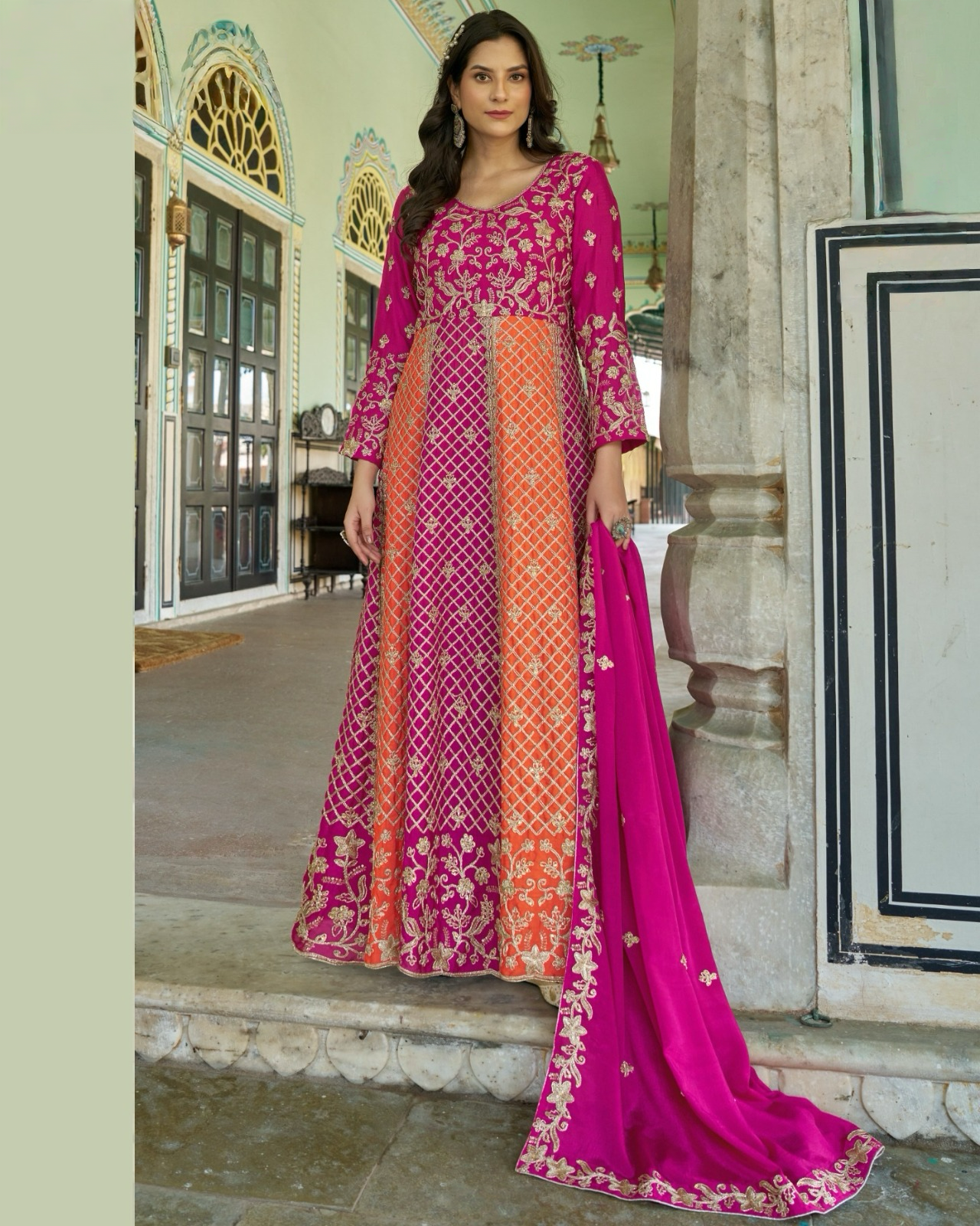 Women’s magenta & orange chinon anarkali suit in M