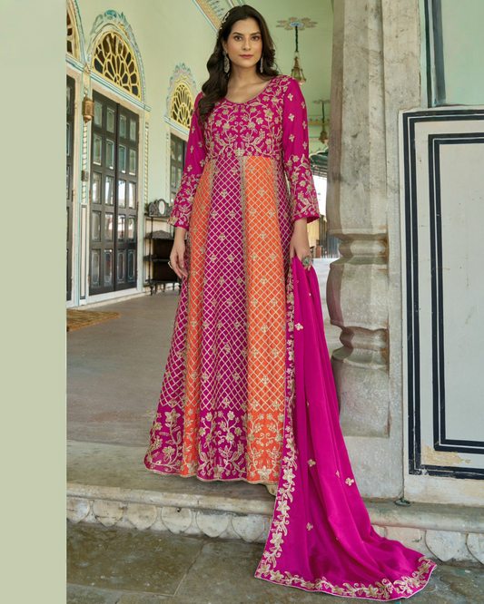 Women’s magenta & orange chinon anarkali suit in M