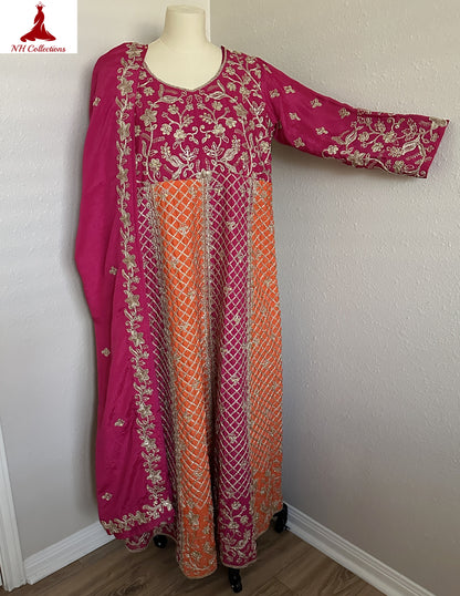 Women’s magenta & orange chinon anarkali suit in M