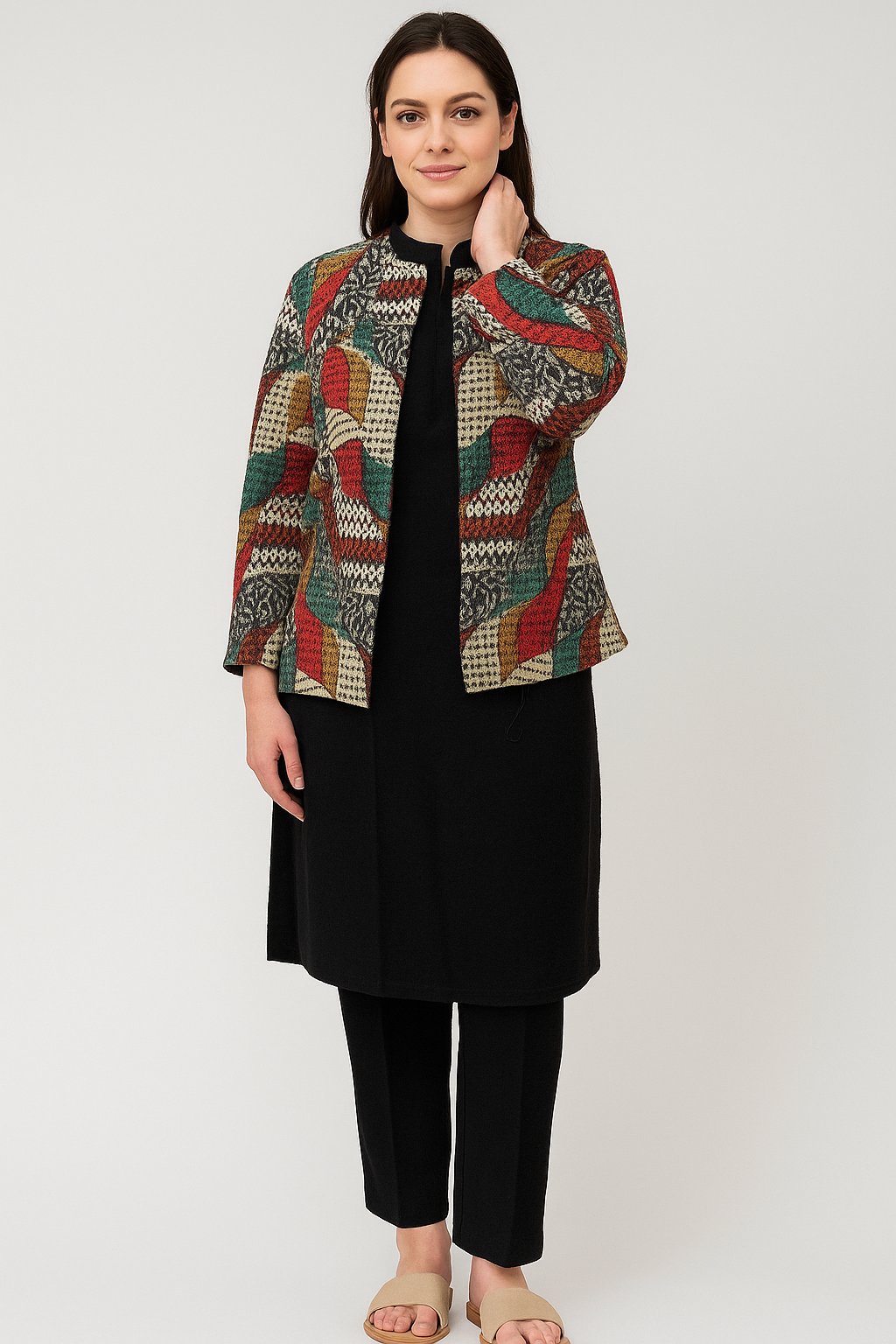 Women's black woolen co-ord set with embroidered jacket in M