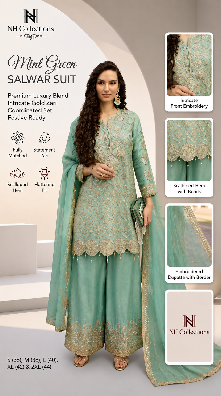 Women's mint green embroidered salwar suit with zari work (S to 2XL)