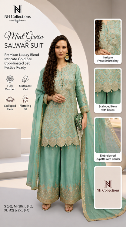 Women's mint green embroidered salwar suit with zari work (S to 2XL)