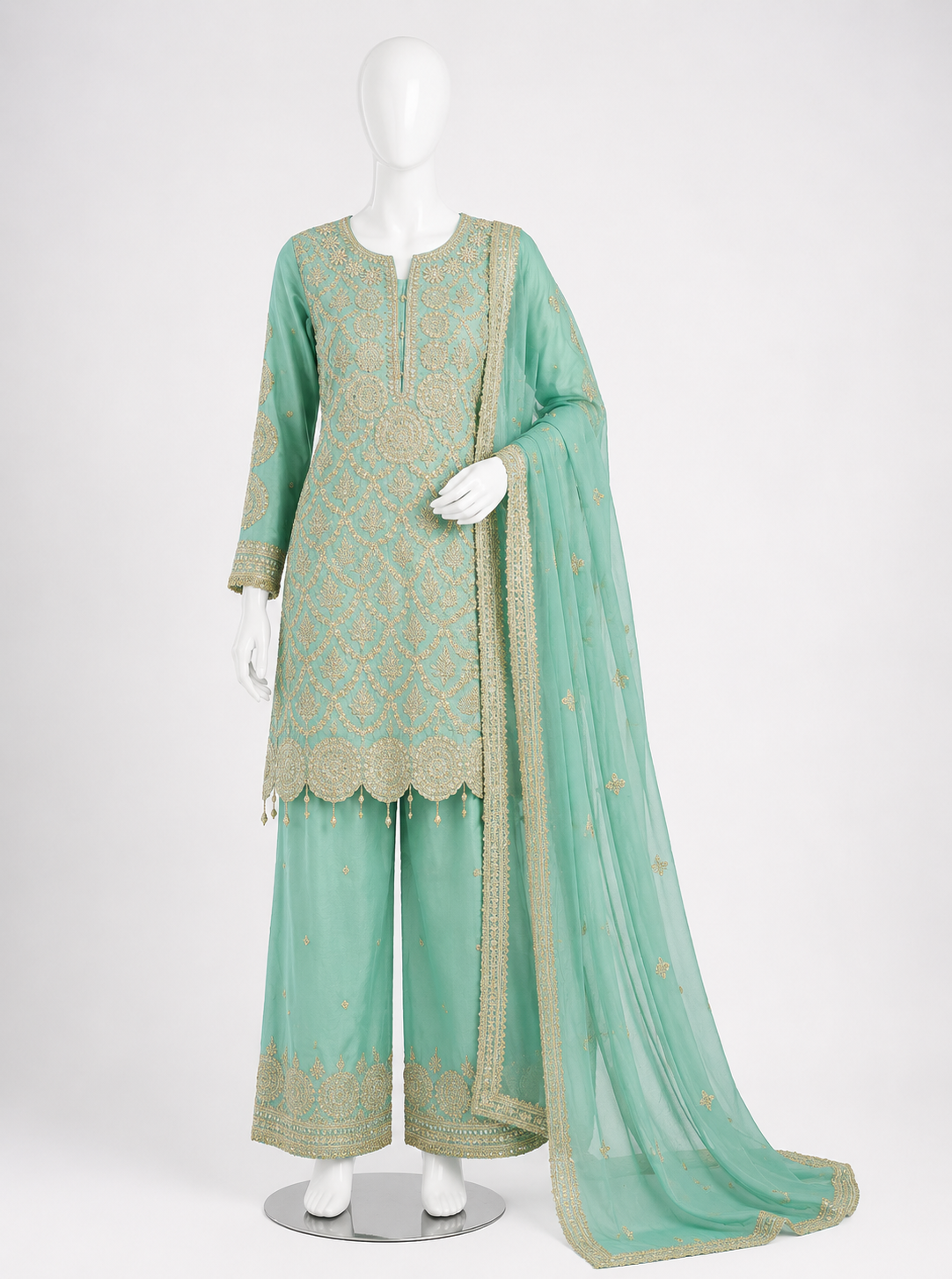 Women's mint green embroidered salwar suit with zari work (S to 2XL)