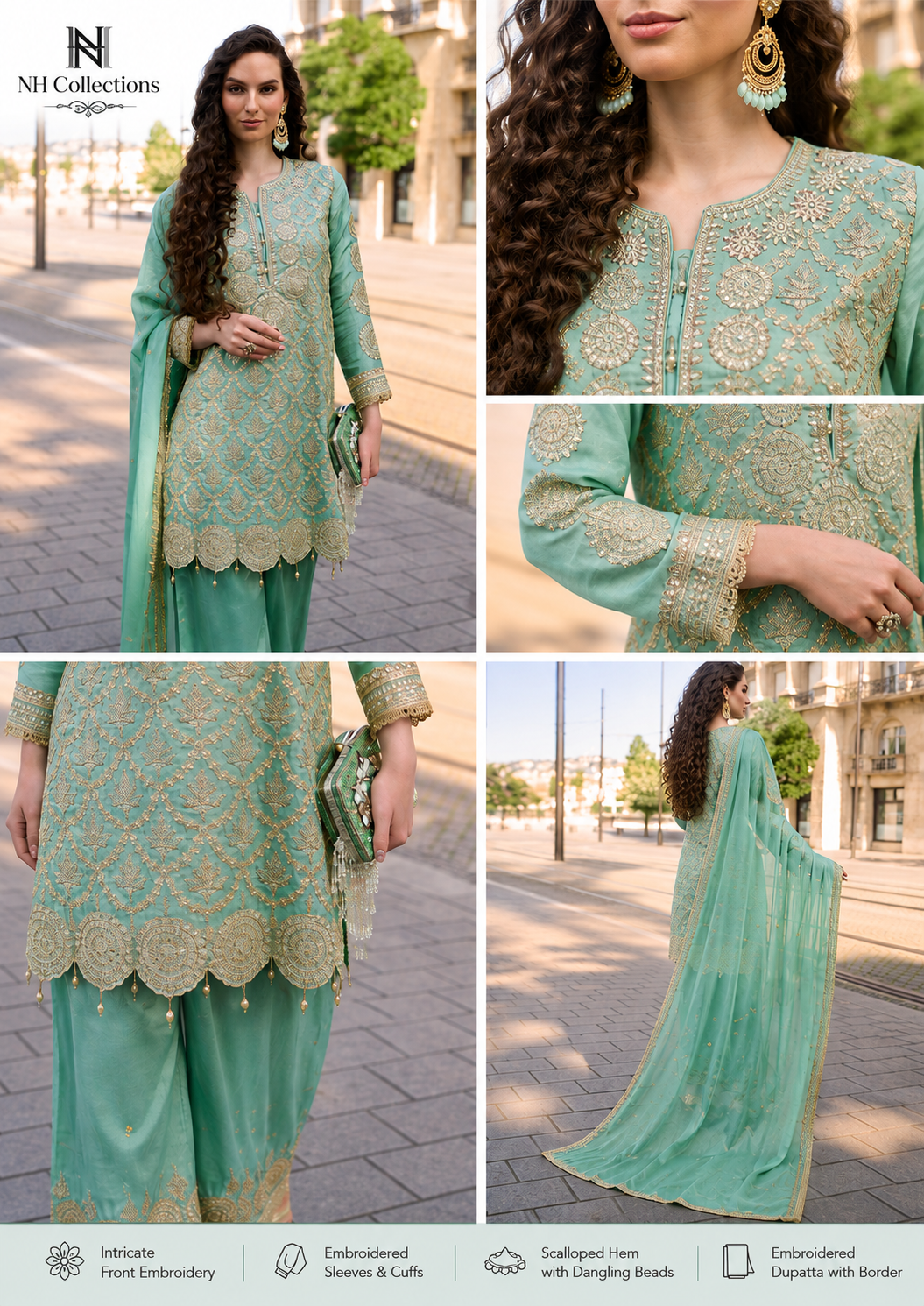 Women's mint green embroidered salwar suit with zari work (S to 2XL)