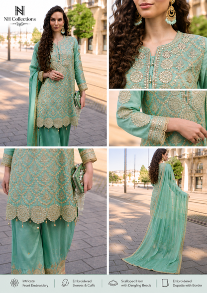 Women's mint green embroidered salwar suit with zari work (S to 2XL)