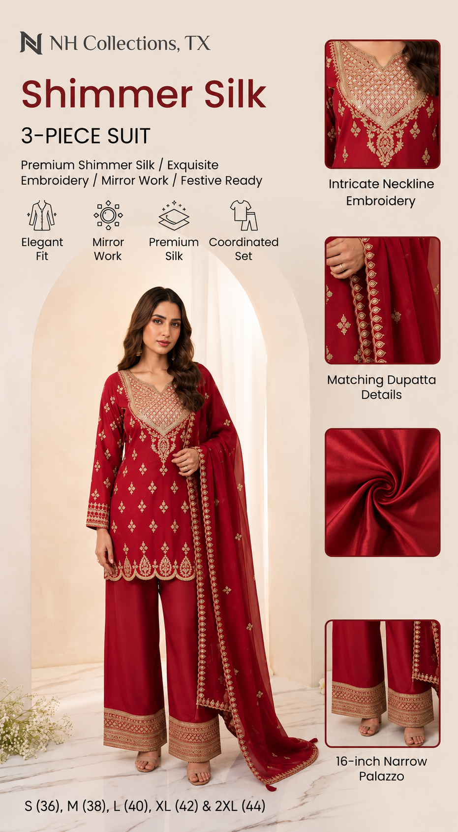 Women's festive red shimmer silk kurta set with embroidery (S to 2XL)
