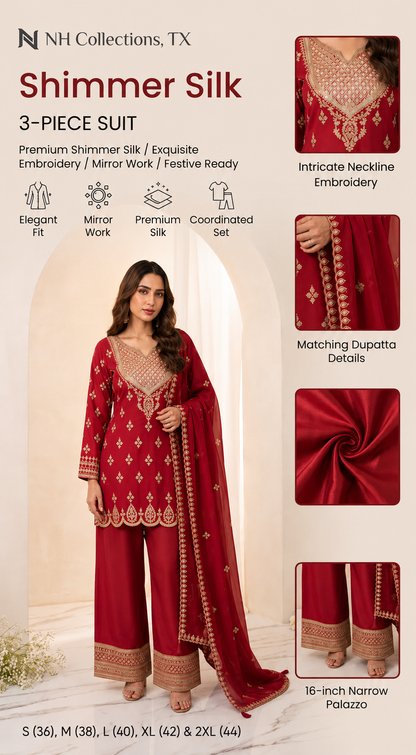 Women's festive red shimmer silk kurta set with embroidery (S to 2XL)
