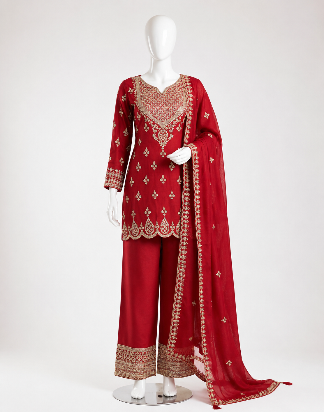 Women's festive red shimmer silk kurta set with embroidery (S to 2XL)