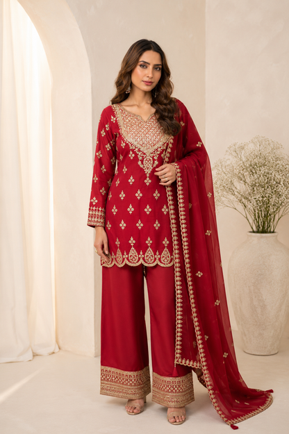 Women's festive red shimmer silk kurta set with embroidery (S to 2XL)