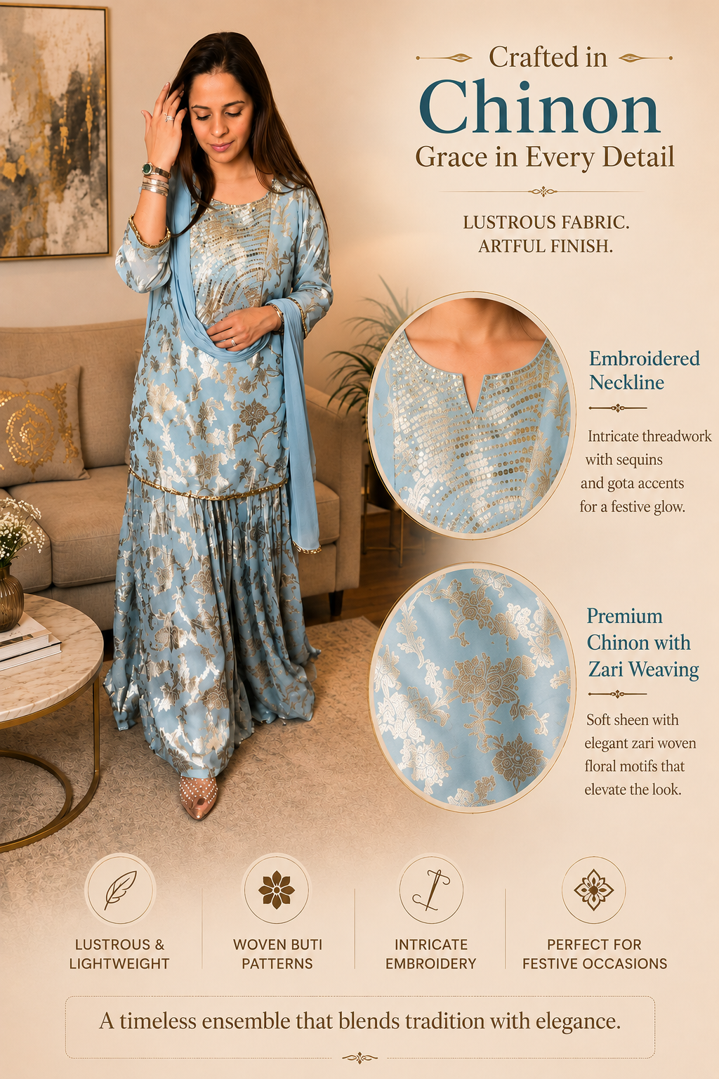 Women's sky blue chinon sharara set with sequins neck highlights in L & XL