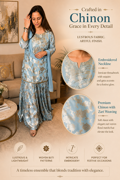 Women's sky blue chinon sharara set with sequins neck highlights in L & XL