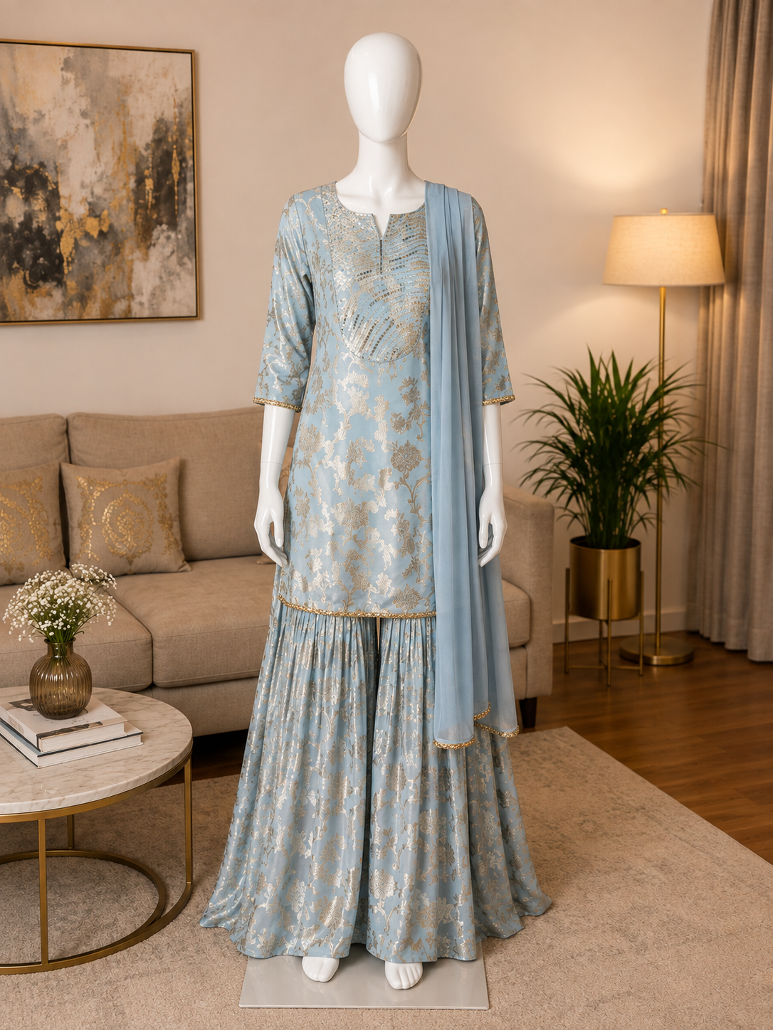 Women's sky blue chinon sharara set with sequins neck highlights in L & XL