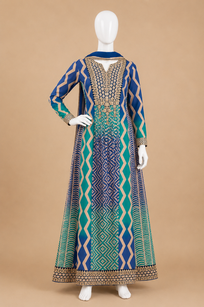 Women's Pleated Chinon A-Line Flared Dress with Dupatta