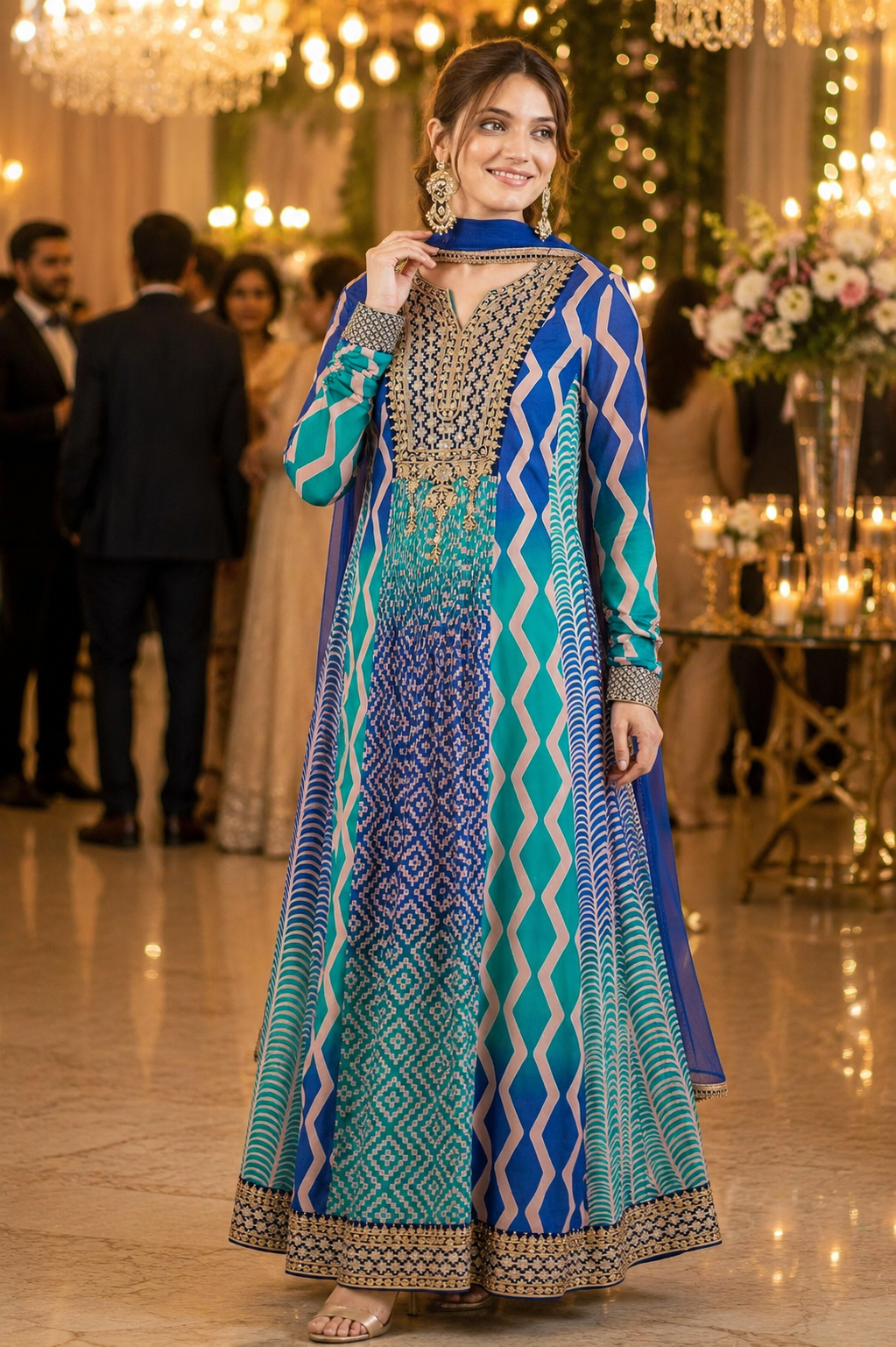 Women's Pleated Chinon A-Line Flared Dress with Dupatta