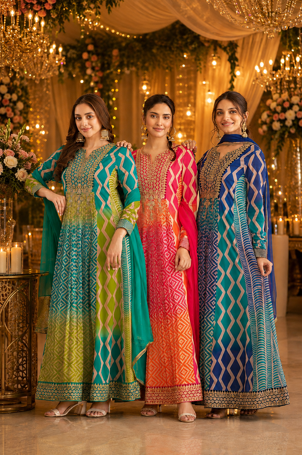 Women's Pleated Chinon A-Line Flared Dress with Dupatta