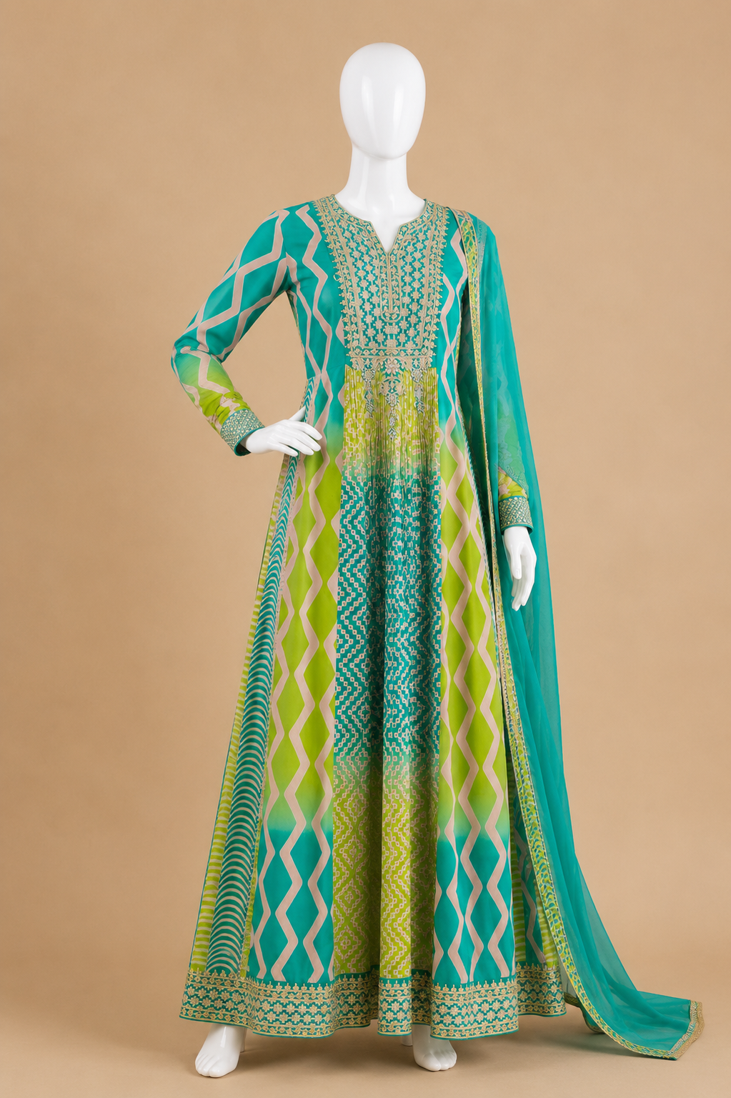 Women's Pleated Chinon A-Line Flared Dress with Dupatta