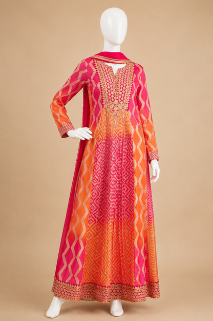 Women's Pleated Chinon A-Line Flared Dress with Dupatta